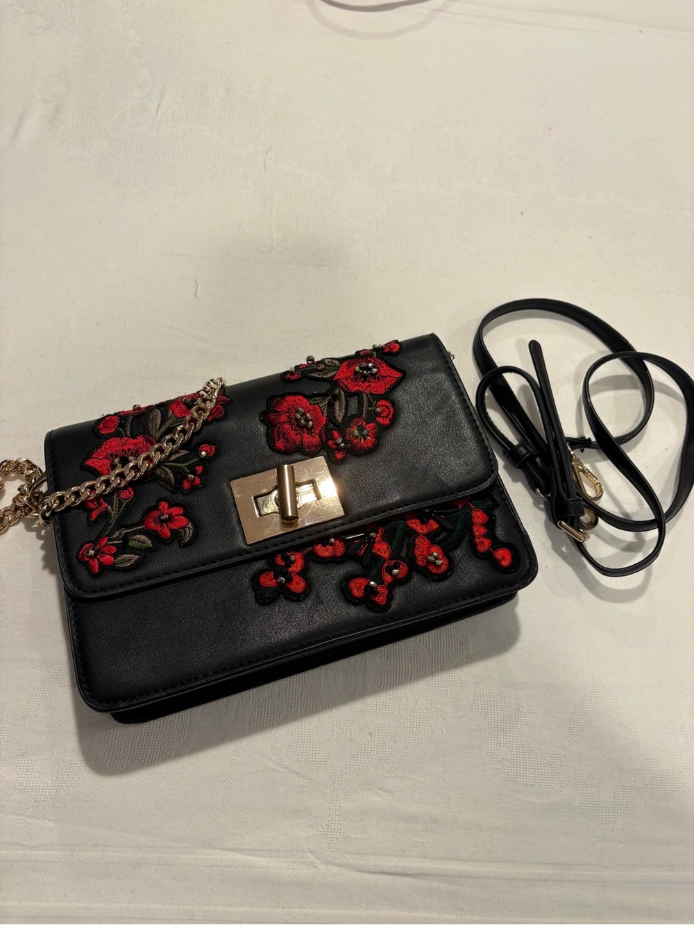 Mango Black Crossbody Bag with Red Floral Embroidery